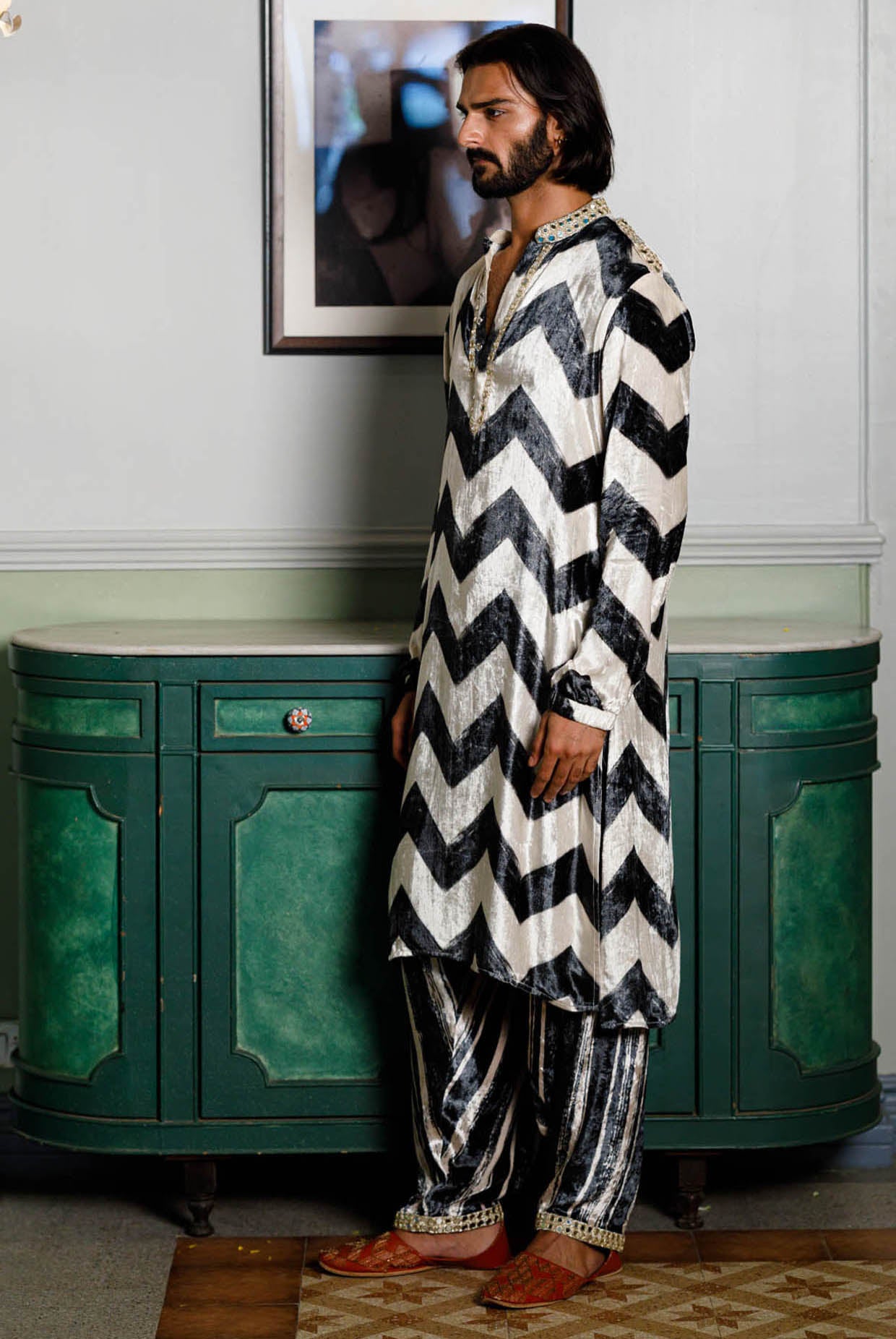 Chevron Printed Embroidered Kurta And Salwar