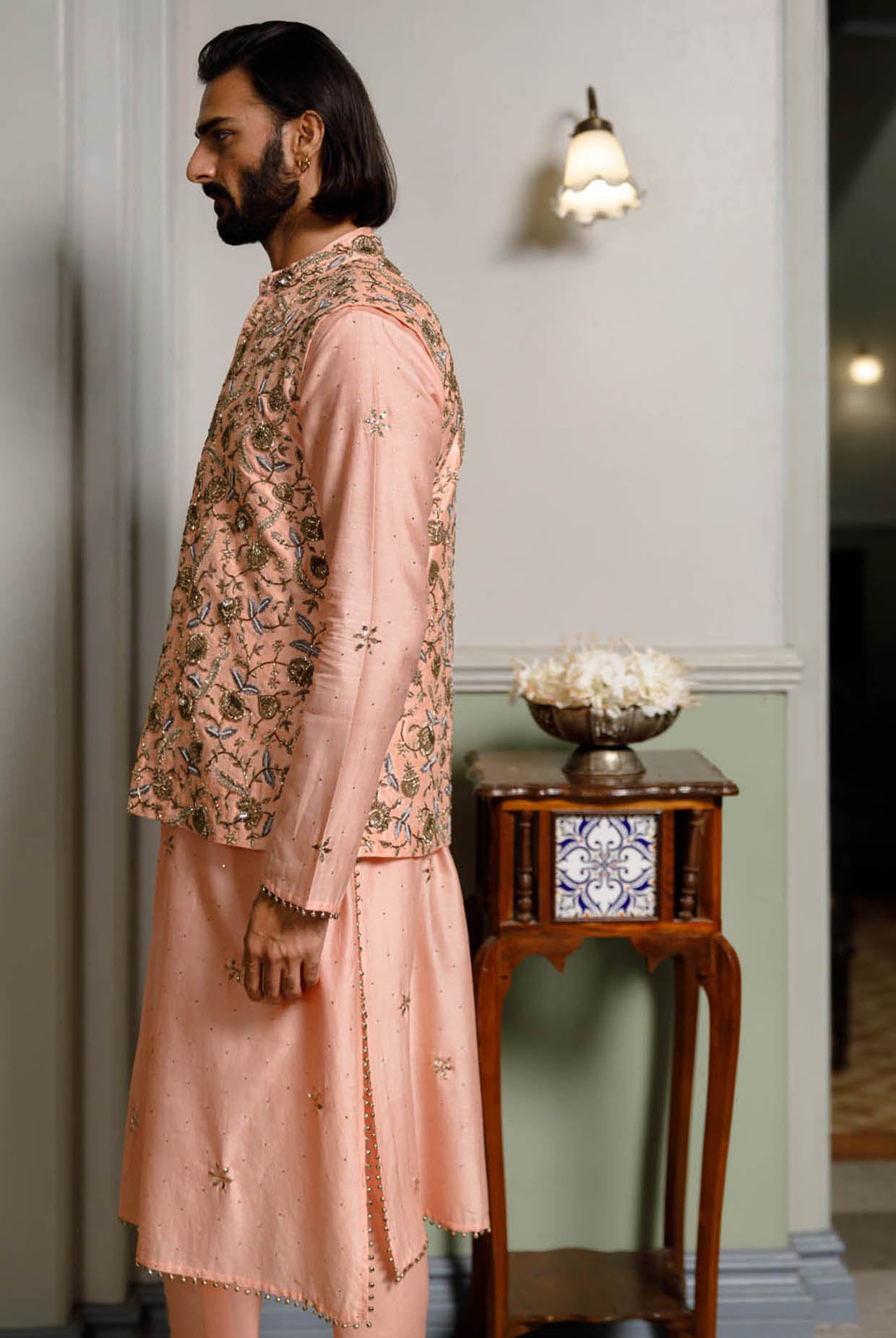 Peach Embroidered Bandi And Kurta With Cotton Silk Churidar