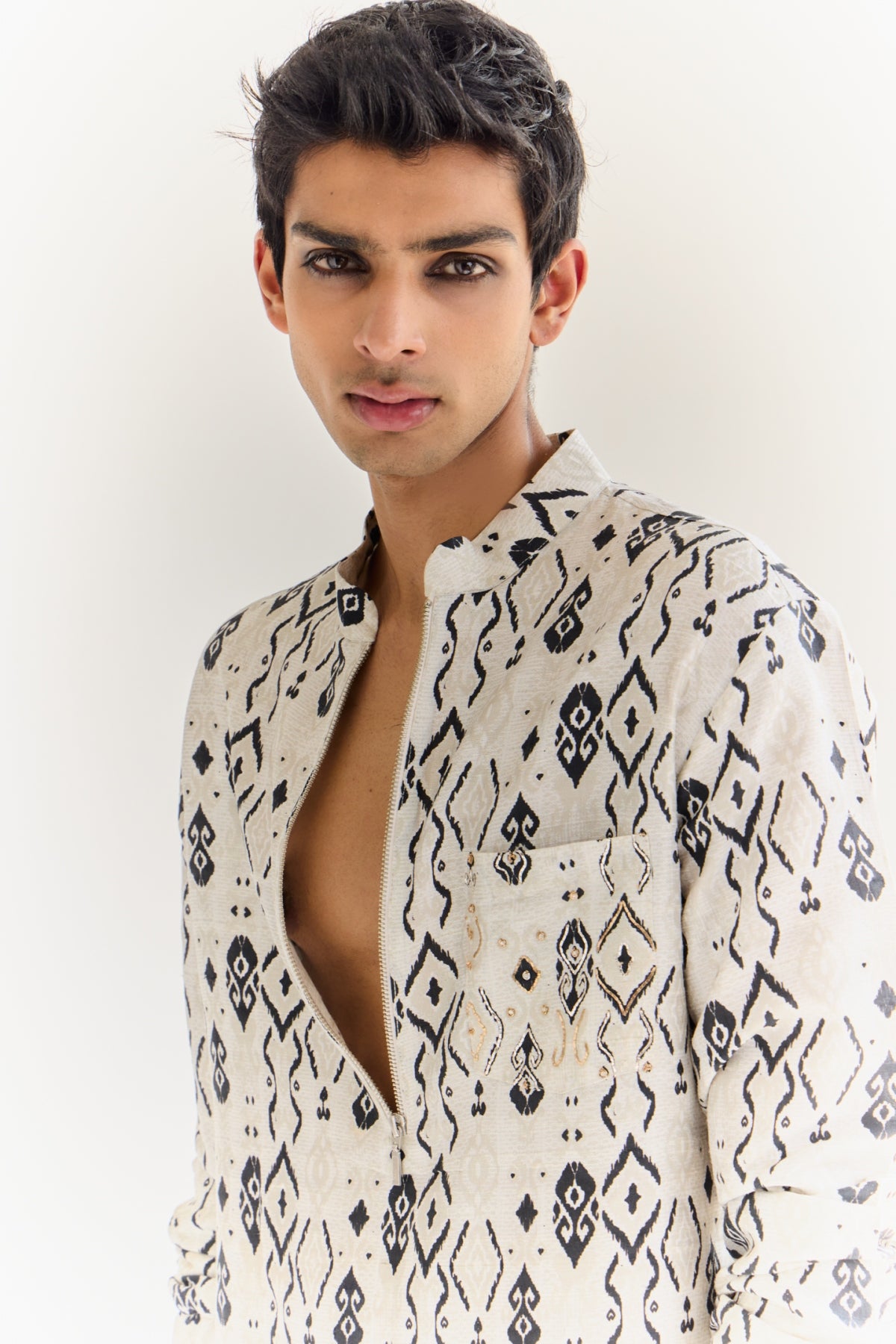 Tarin Off-White Ikat Print Dupion Silk Lifted Pocket Bomber Kurta And Off-White Cotton Silk Pants