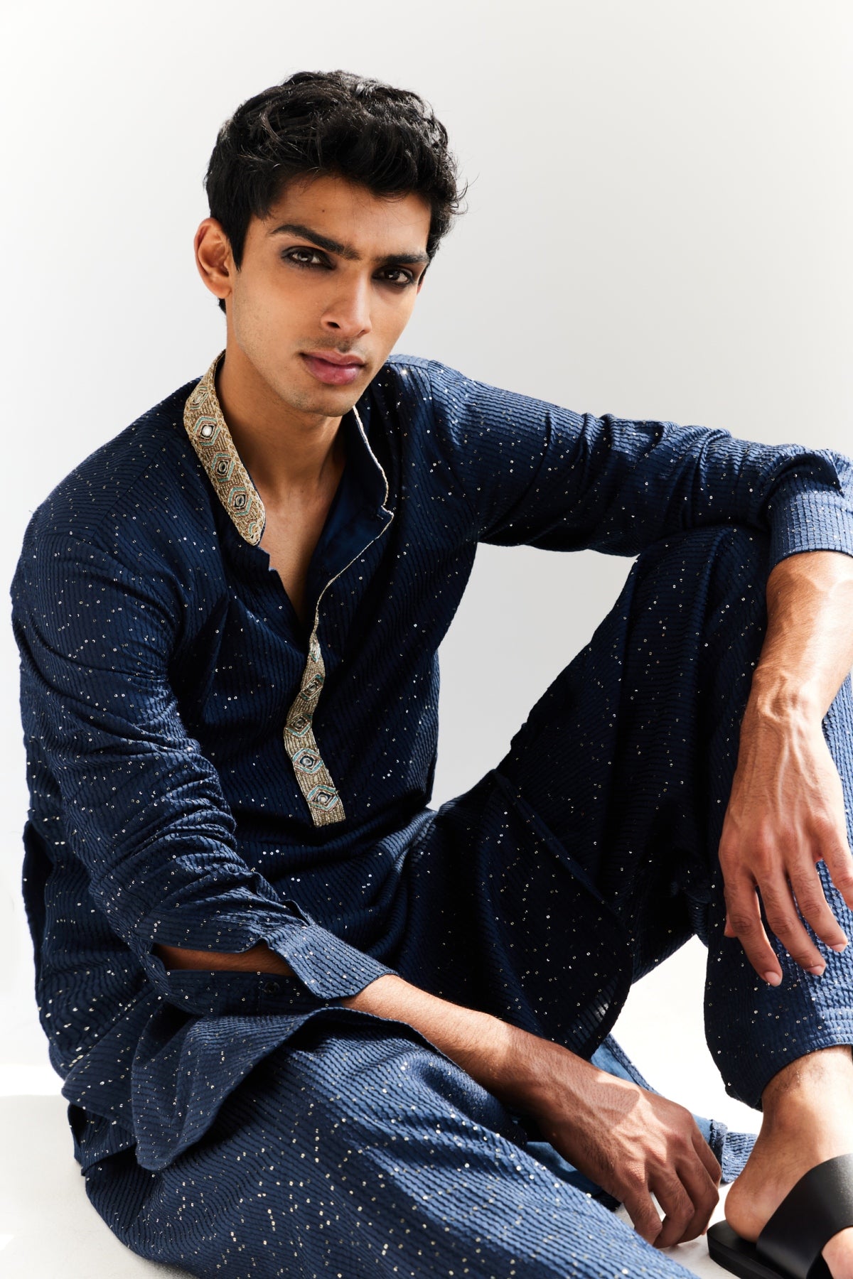 Zain Navy Blue Sequin Cotton Embroidered Kurta And Salwar