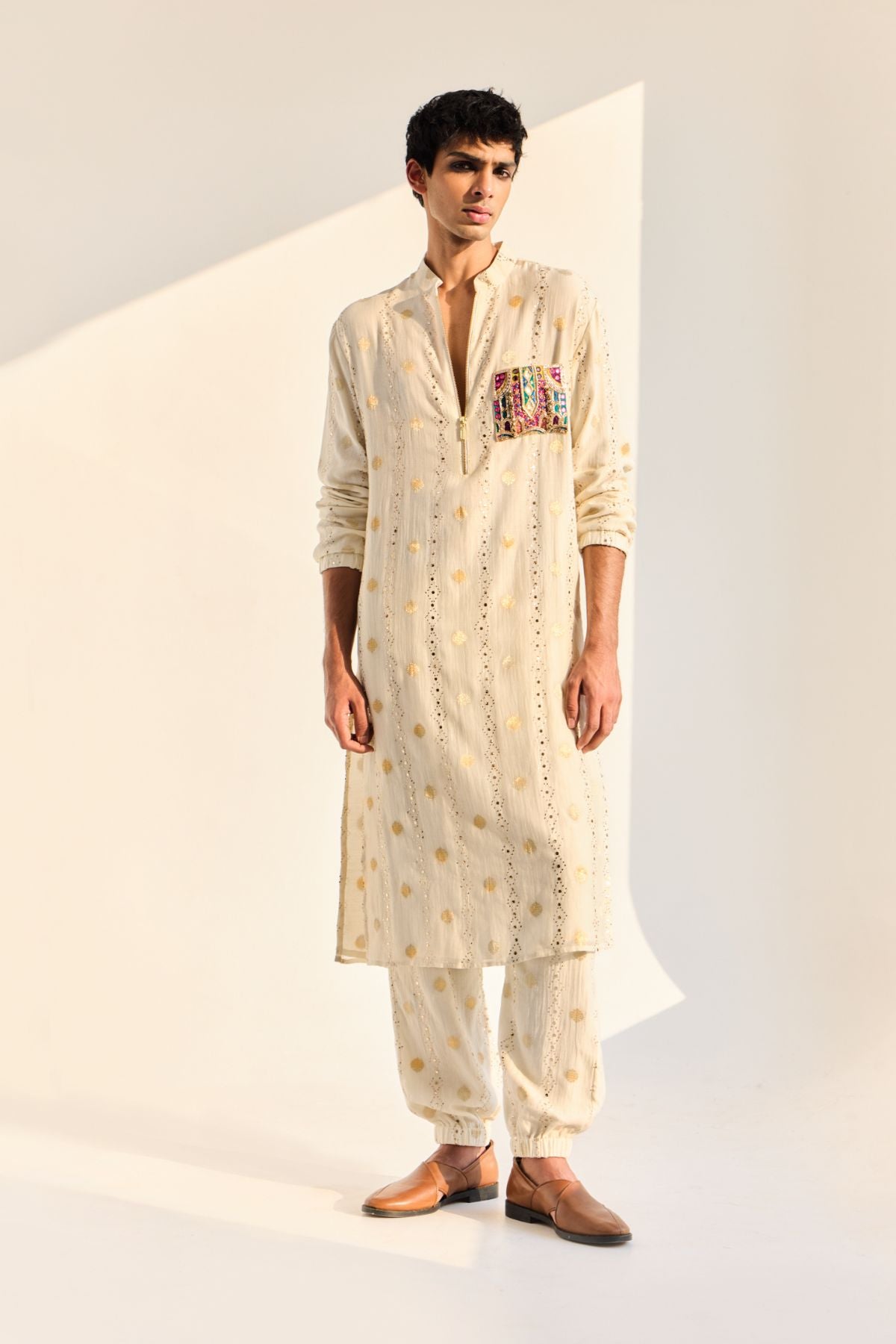 Reza Off-White Daimond Mukaish Mul Embroidered Pocket Bomber Kurta And Jogger Pants