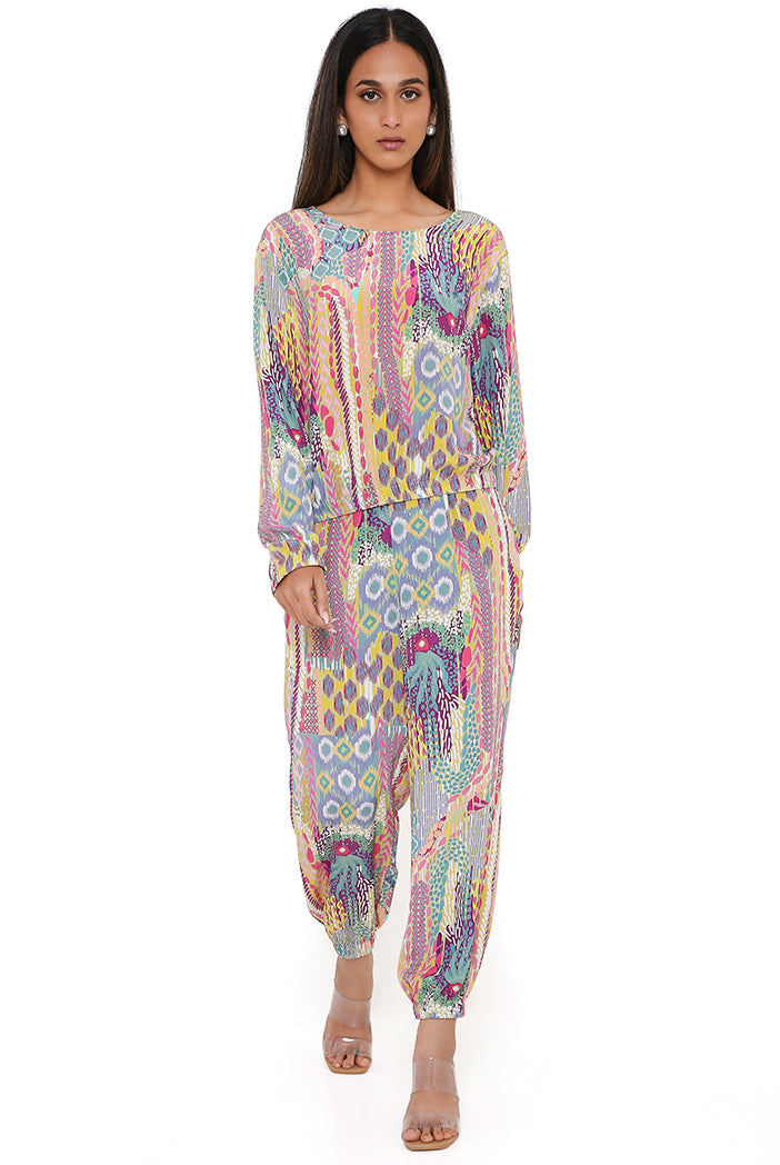Lime African Print Crepe Top And Jogger Pants