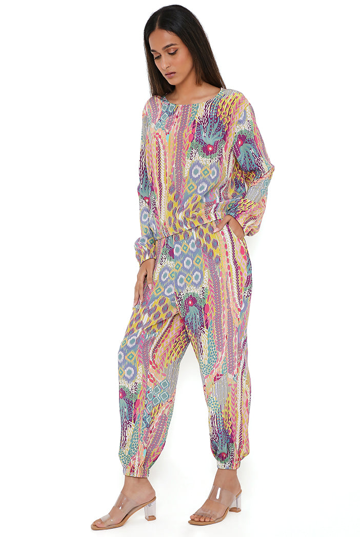 Lime African Print Crepe Top And Jogger Pants