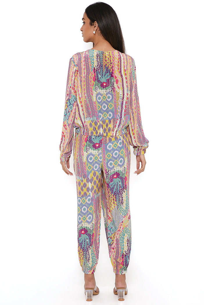 Lime African Print Crepe Top And Jogger Pants