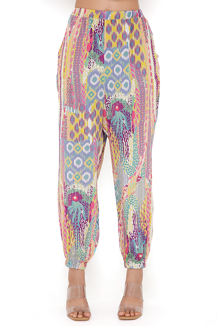 Lime African Print Crepe Top And Jogger Pants
