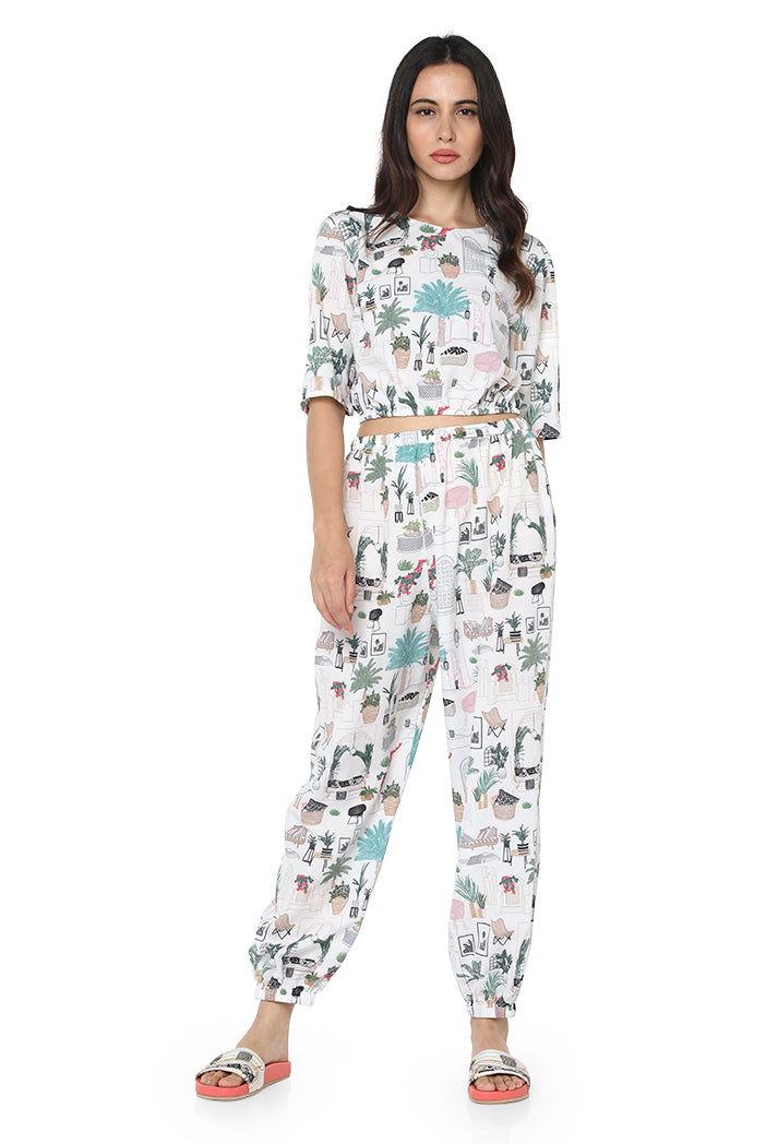 White Colour Printed Art Crepe Top with Jogger Pant
