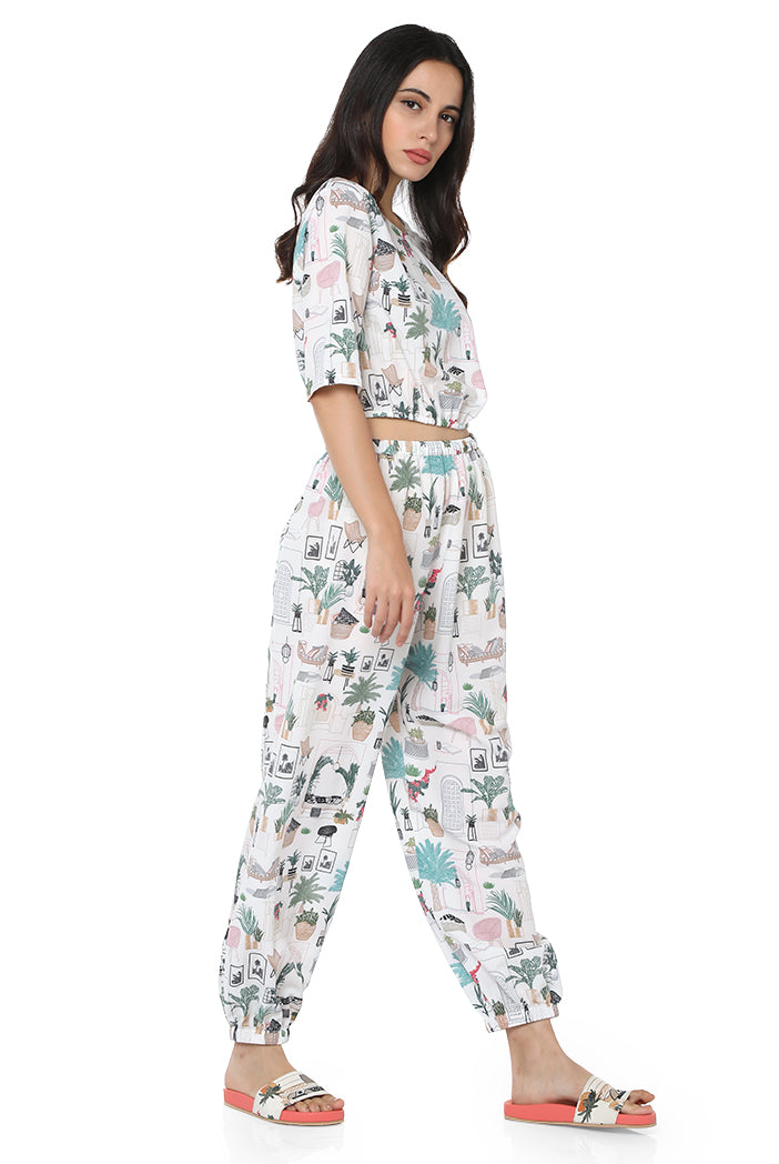 White Colour Printed Art Crepe Top with Jogger Pant