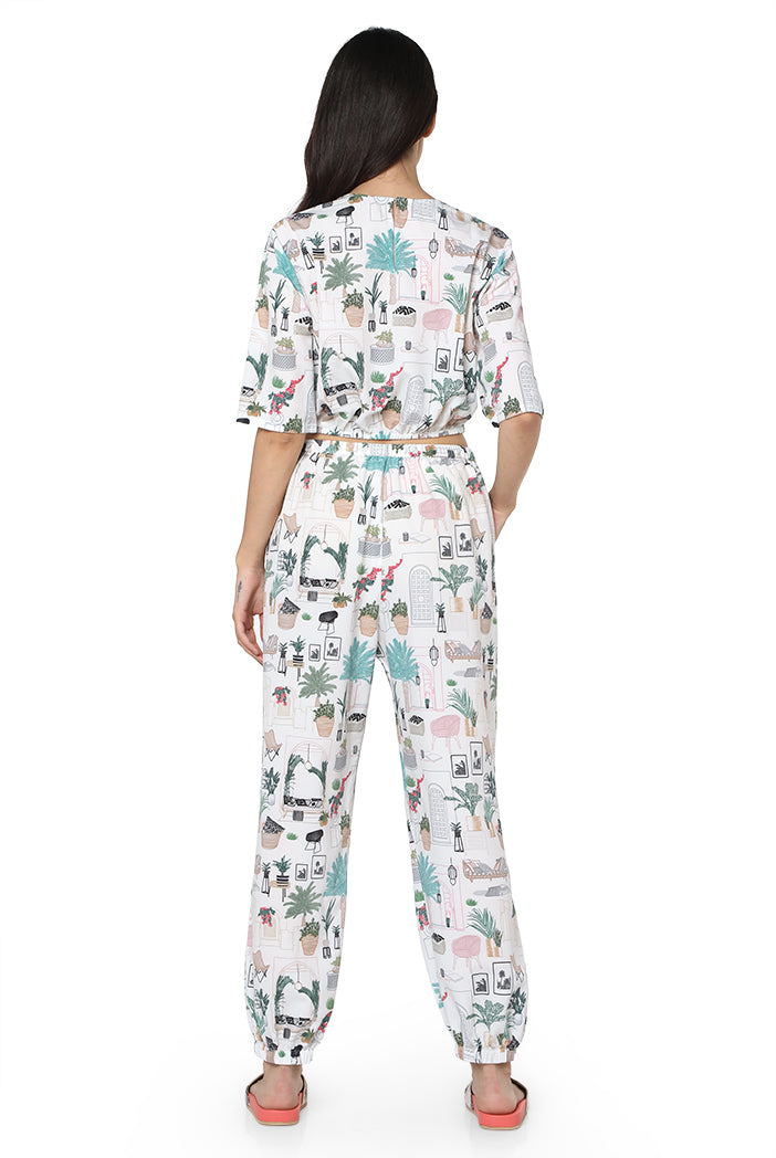 White Colour Printed Art Crepe Top with Jogger Pant