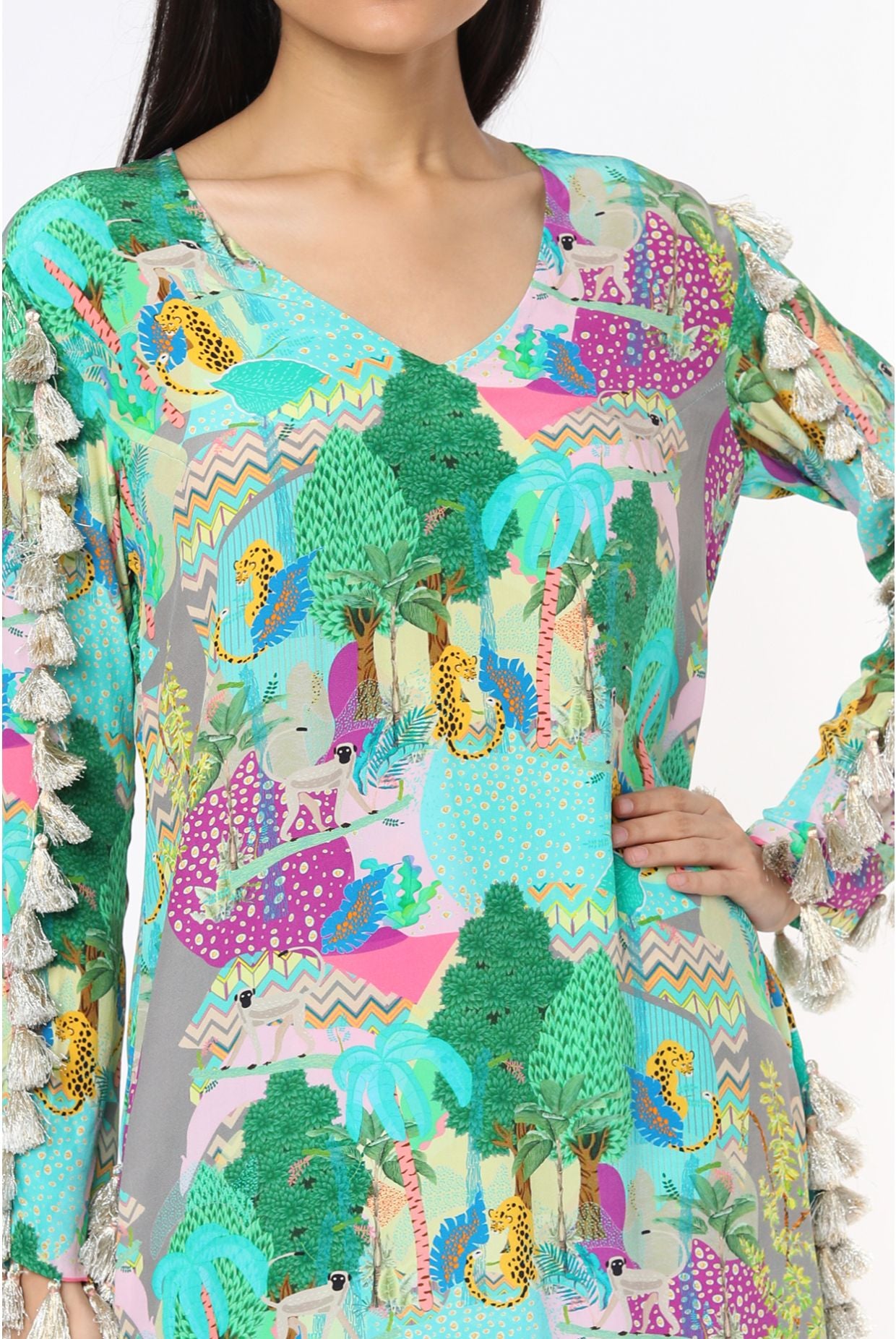 Grey Kuno Print Crepe Kurta With Cigarette Pant
