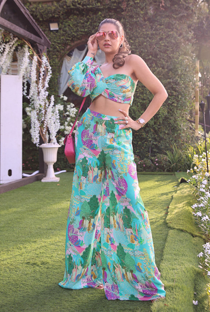 Aqua Kuno Print Crepe One Shoulder Top With Palazzo