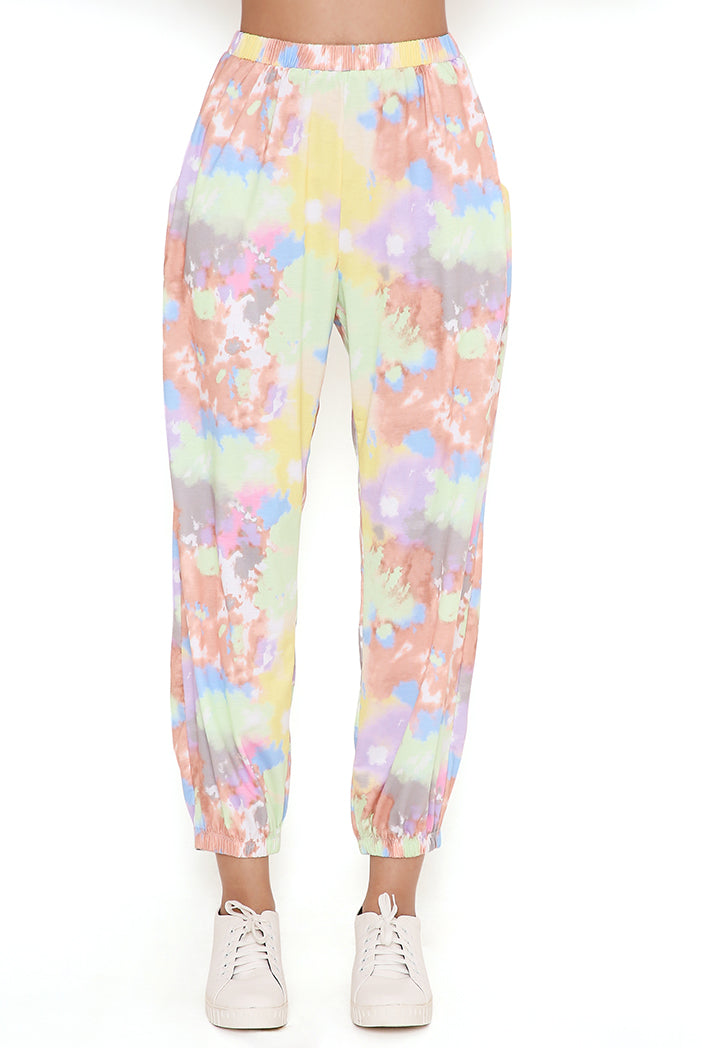 Green Tie And Dye Cotton Lycra Top And Jogger Pants