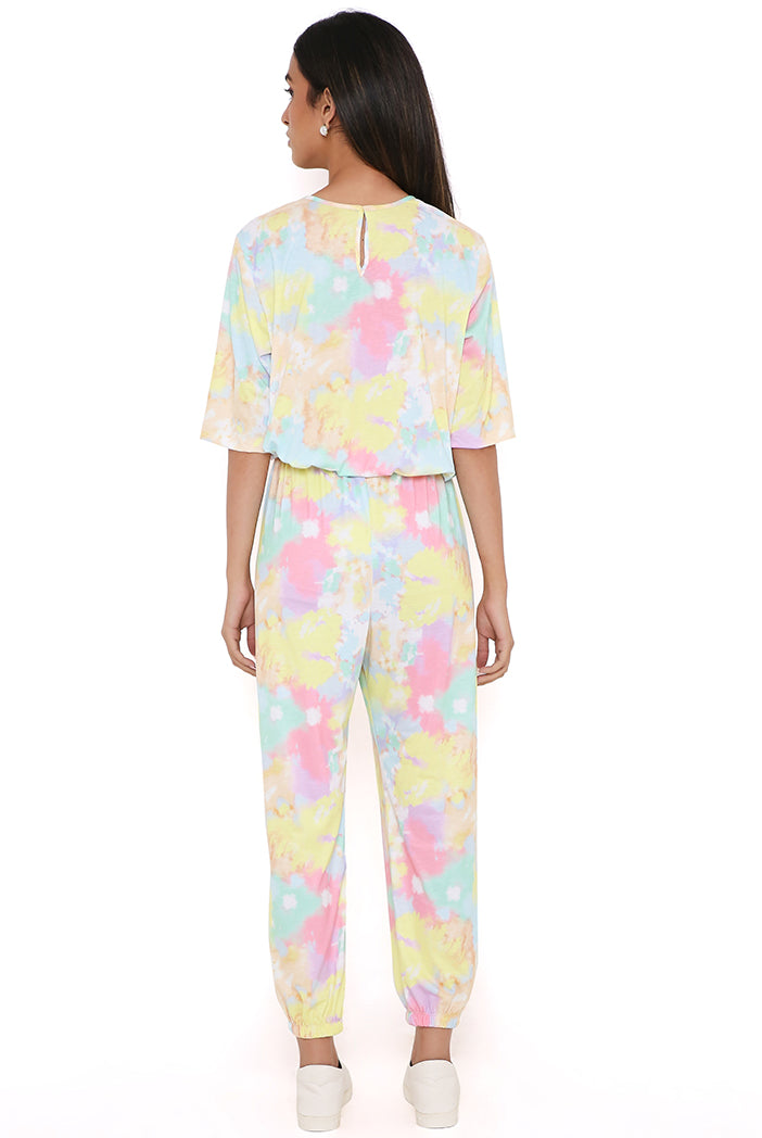 Yellow Tie And Dye Cotton Lycra Top And Jogger Pants