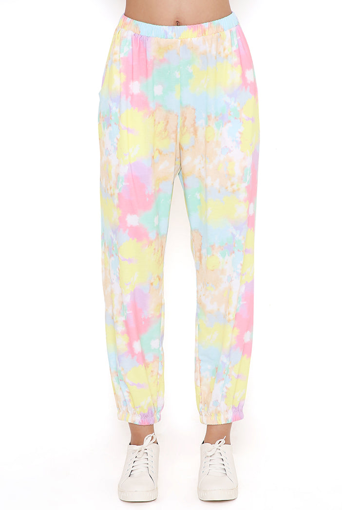 Yellow Tie And Dye Cotton Lycra Top And Jogger Pants