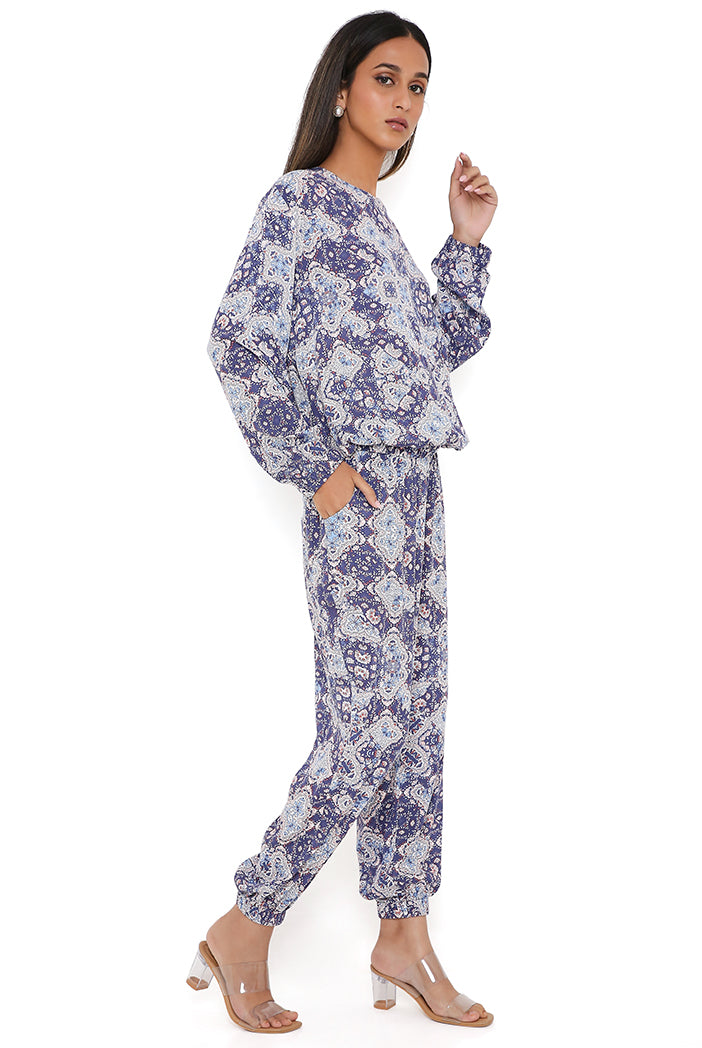 Blue Floral Print Rayon Top And Jogger Pants