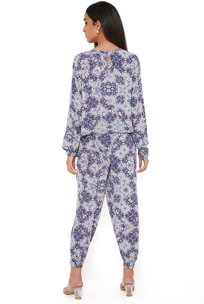 Blue Floral Print Rayon Top And Jogger Pants