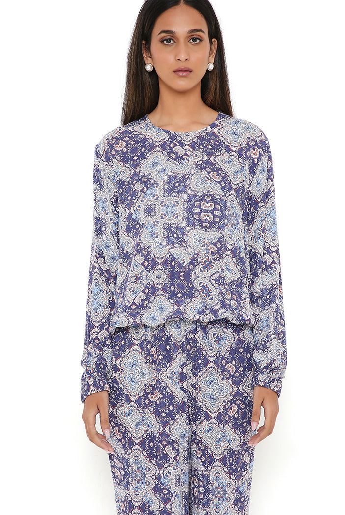 Blue Floral Print Rayon Top And Jogger Pants