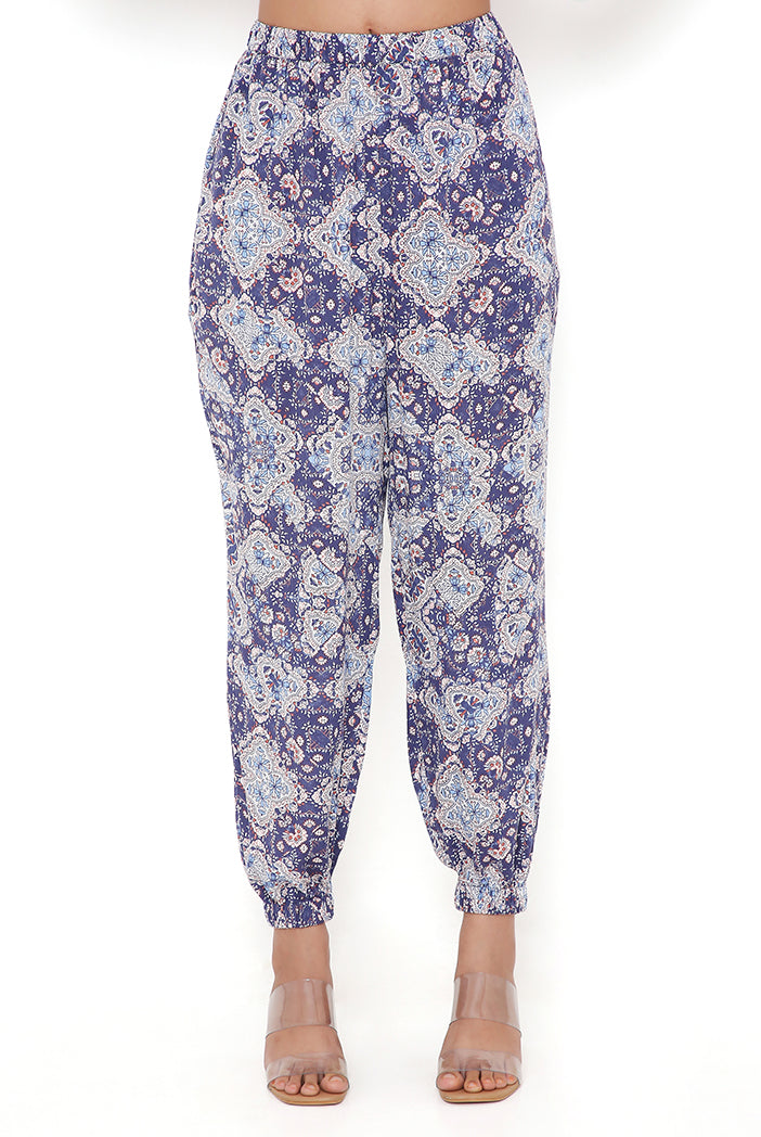 Blue Floral Print Rayon Top And Jogger Pants