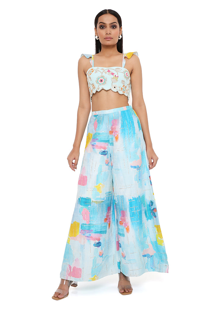 Aqua Georgette Embroidered Bustier With Painterly Print Dupion Silk Embroidered Palazzo