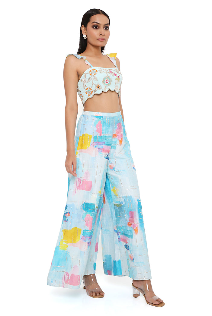 Aqua Georgette Embroidered Bustier With Painterly Print Dupion Silk Embroidered Palazzo