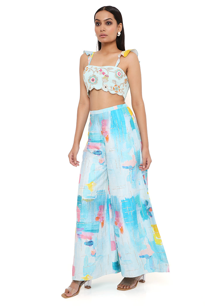 Aqua Georgette Embroidered Bustier With Painterly Print Dupion Silk Embroidered Palazzo