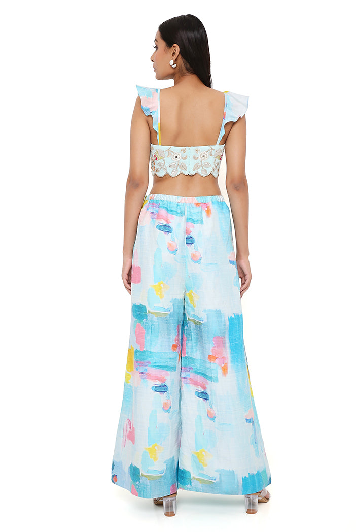 Aqua Georgette Embroidered Bustier With Painterly Print Dupion Silk Embroidered Palazzo
