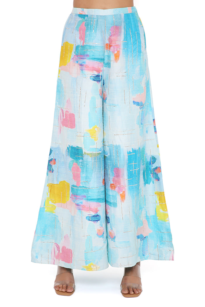 Aqua Georgette Embroidered Bustier With Painterly Print Dupion Silk Embroidered Palazzo