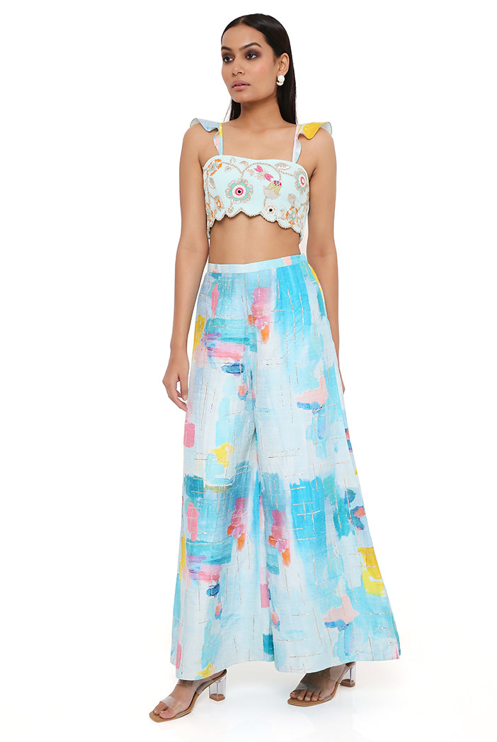 Aqua Georgette Embroidered Bustier With Painterly Print Dupion Silk Embroidered Palazzo