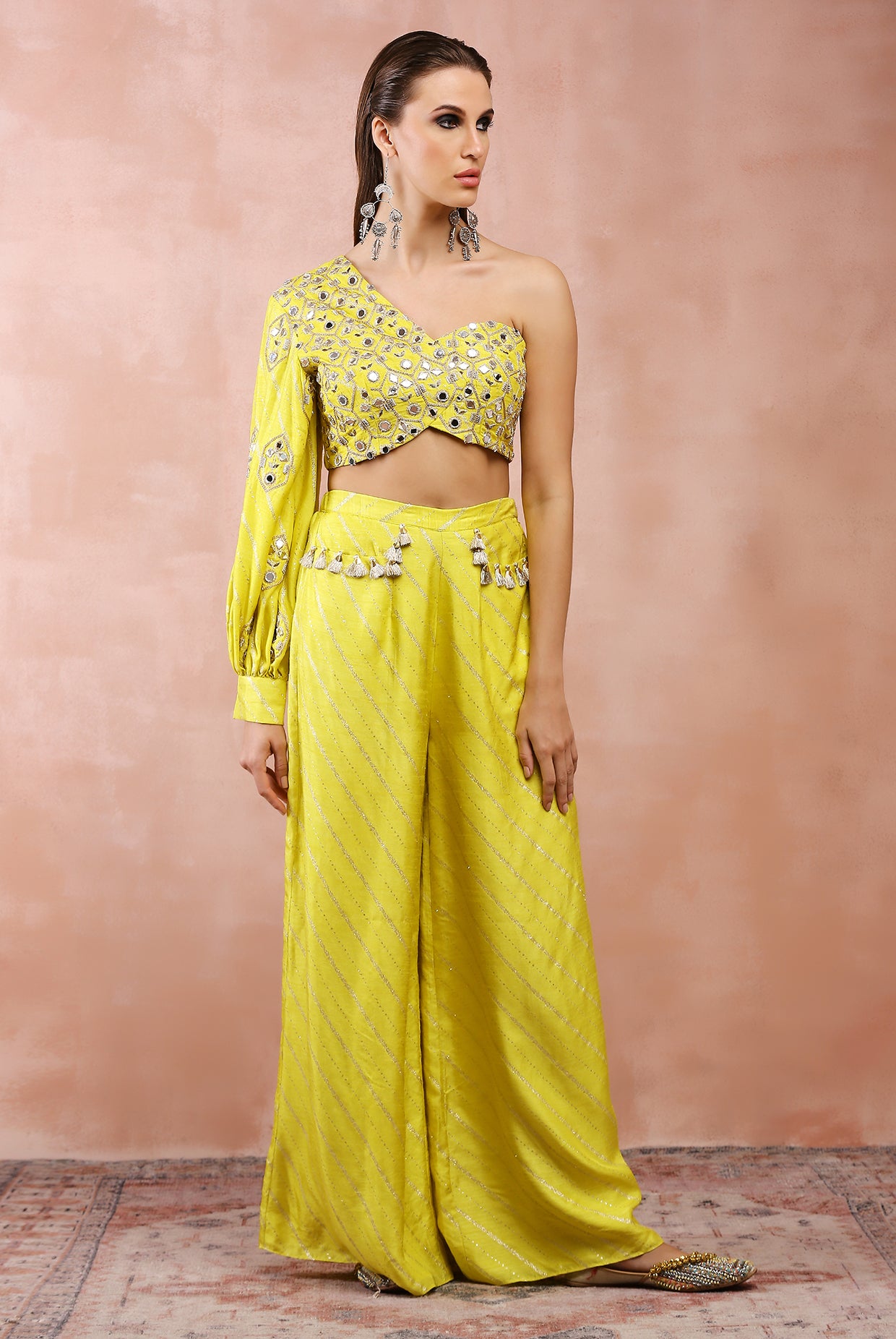Lime Green Embroidered One Shoulder Top And Palazzo