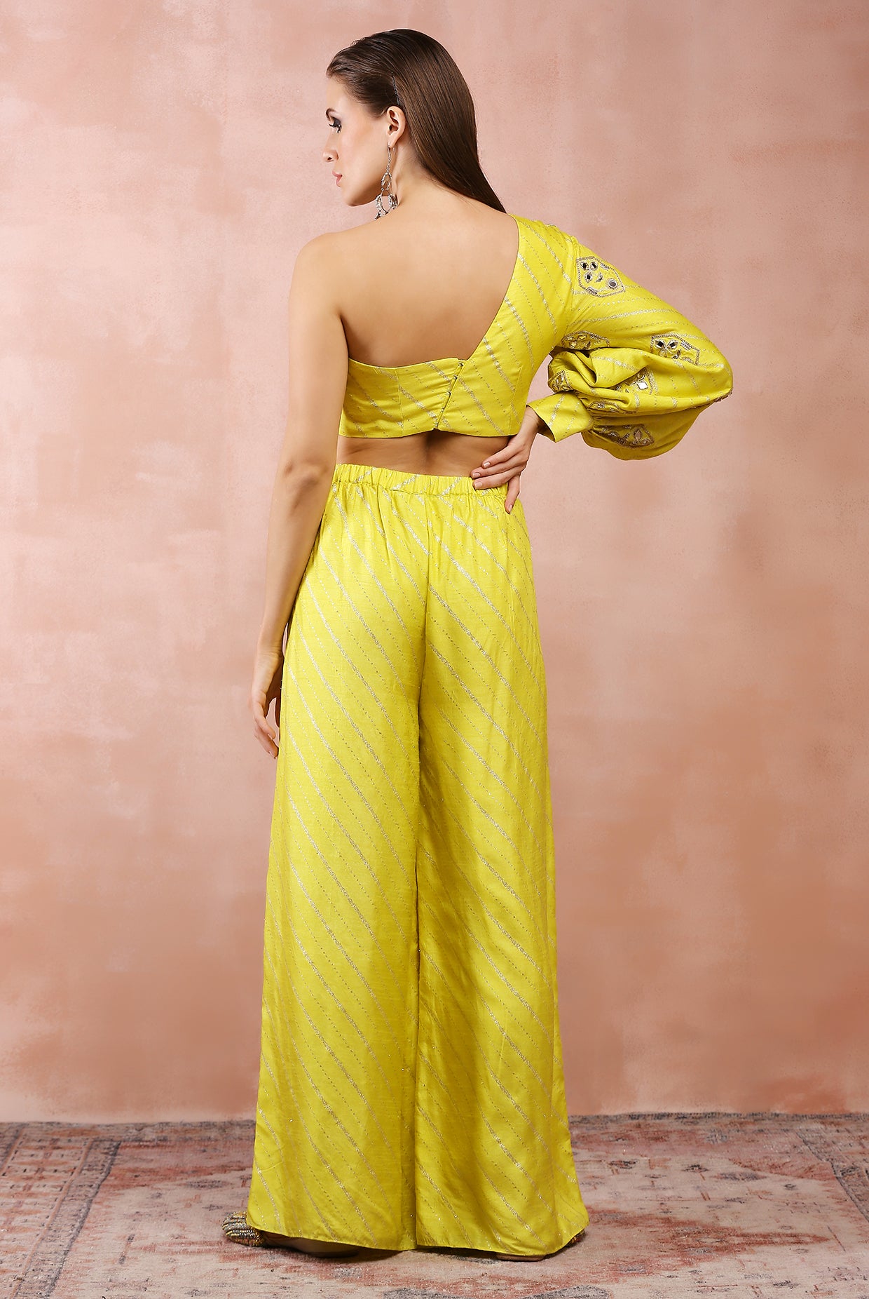 Lime Green Embroidered One Shoulder Top And Palazzo