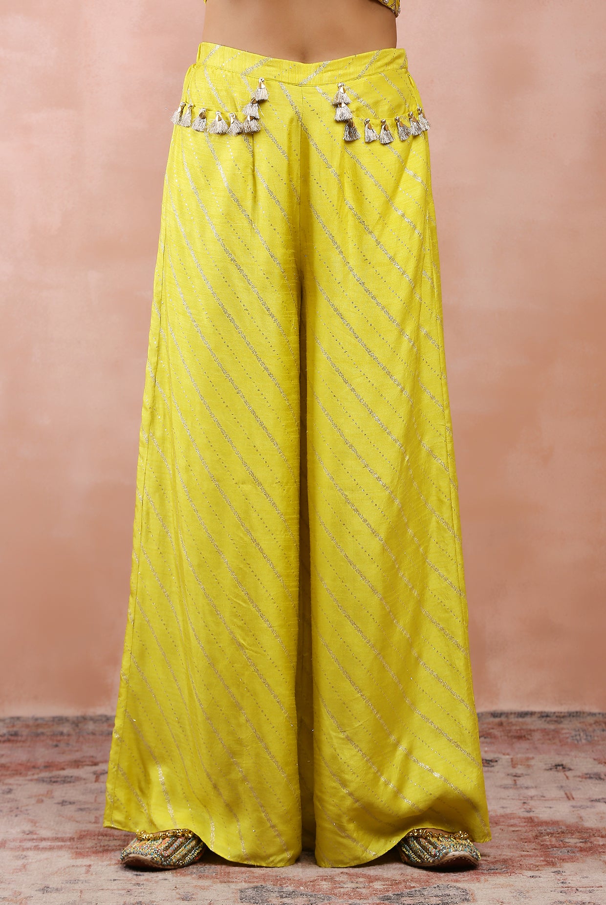 Lime Green Embroidered One Shoulder Top And Palazzo