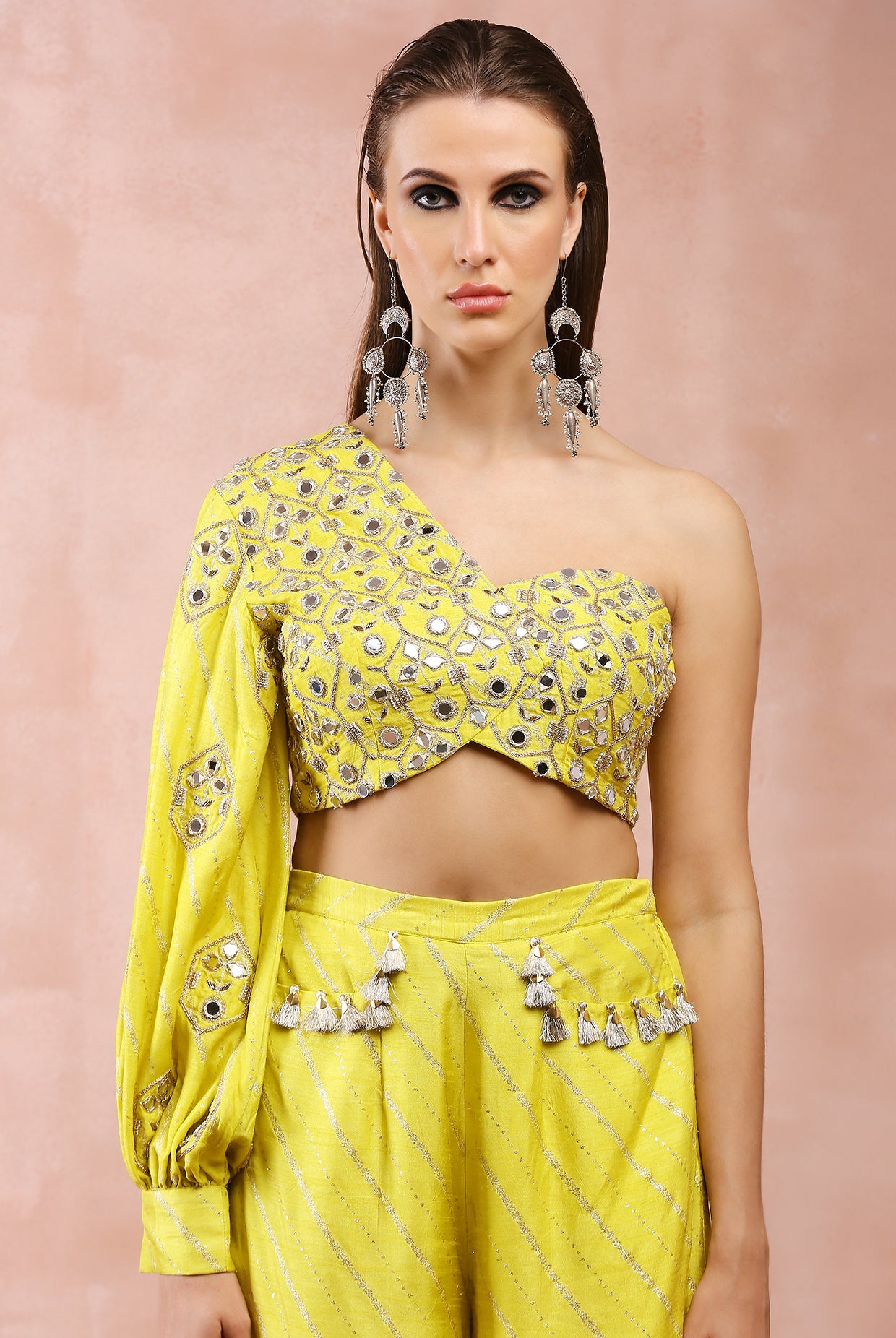 Lime Green Embroidered One Shoulder Top And Palazzo