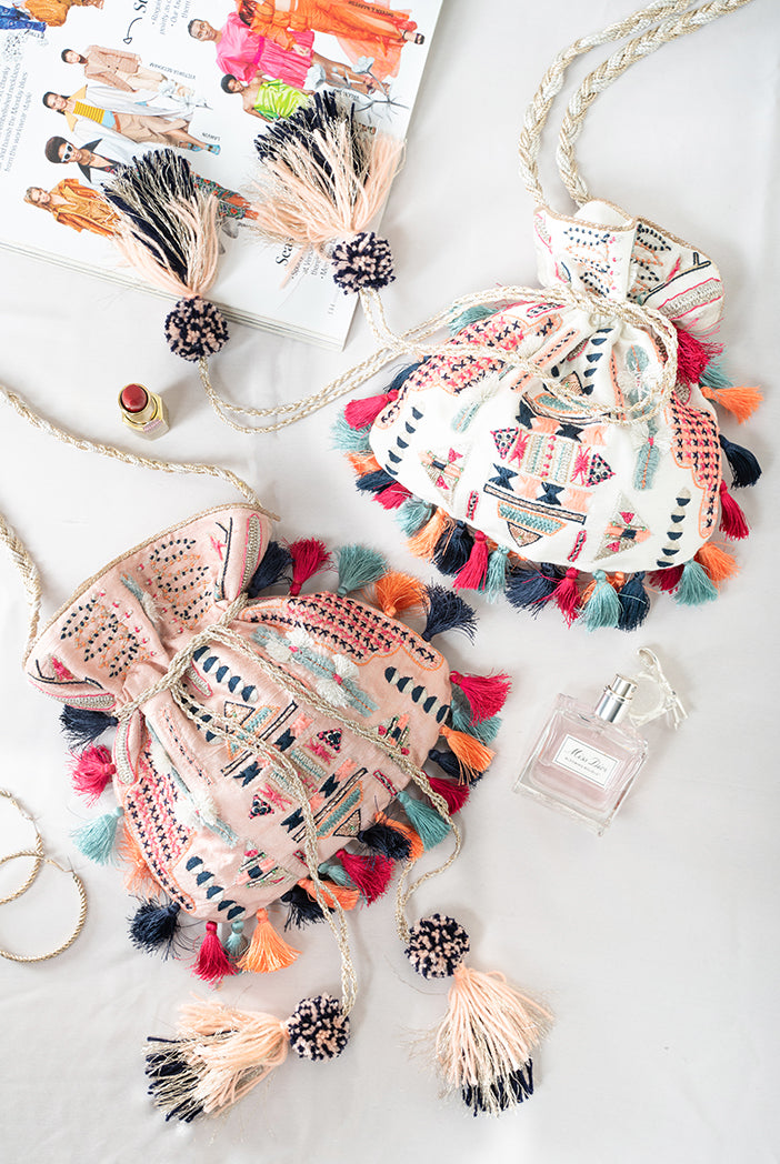 Blush Colour Dupion Silk Souk Embroidered Sling Potli Bag