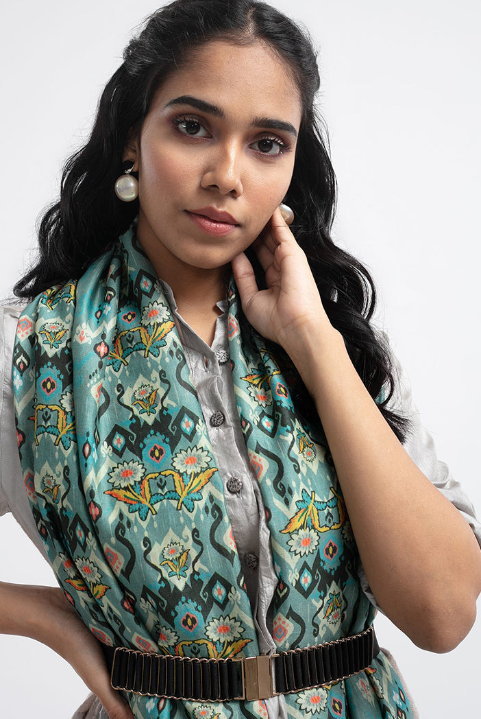 Blue Ikat Love Print Silkmul Full Width Scarf