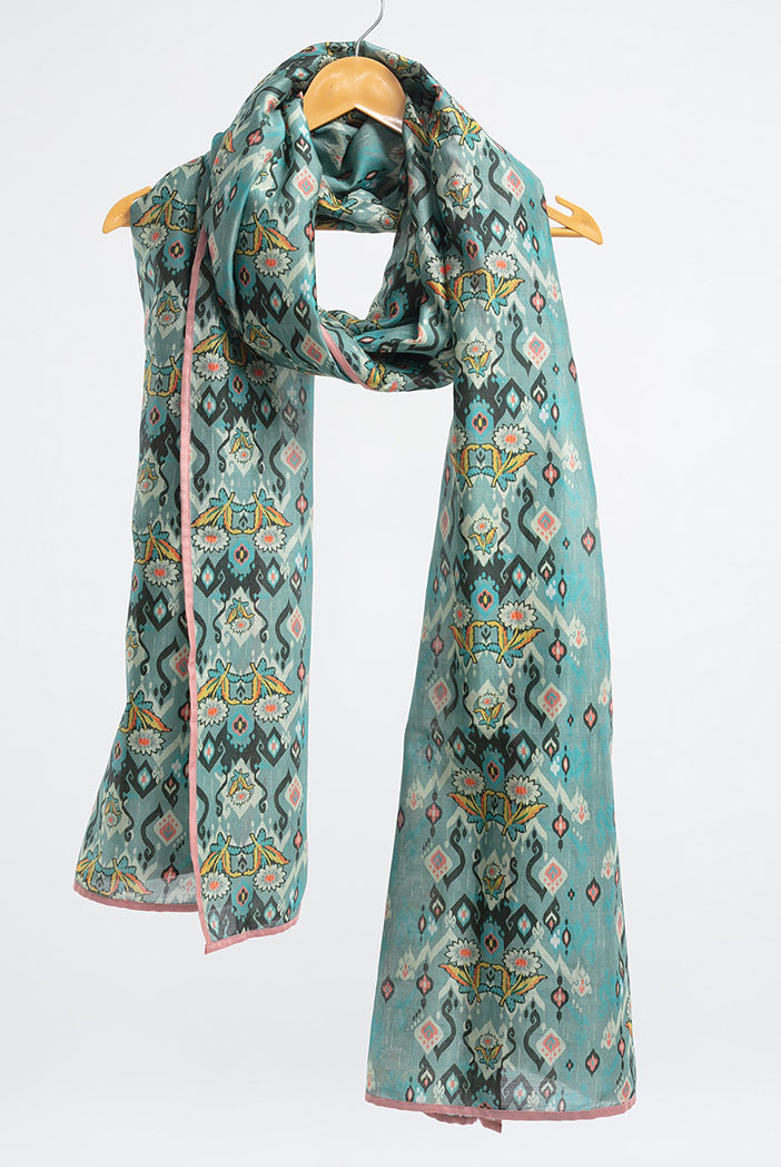 Blue Ikat Love Print Silkmul Full Width Scarf