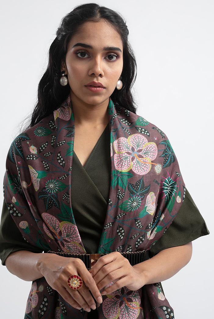 Brown Abutilon Print Silkmul Full Width Scarf
