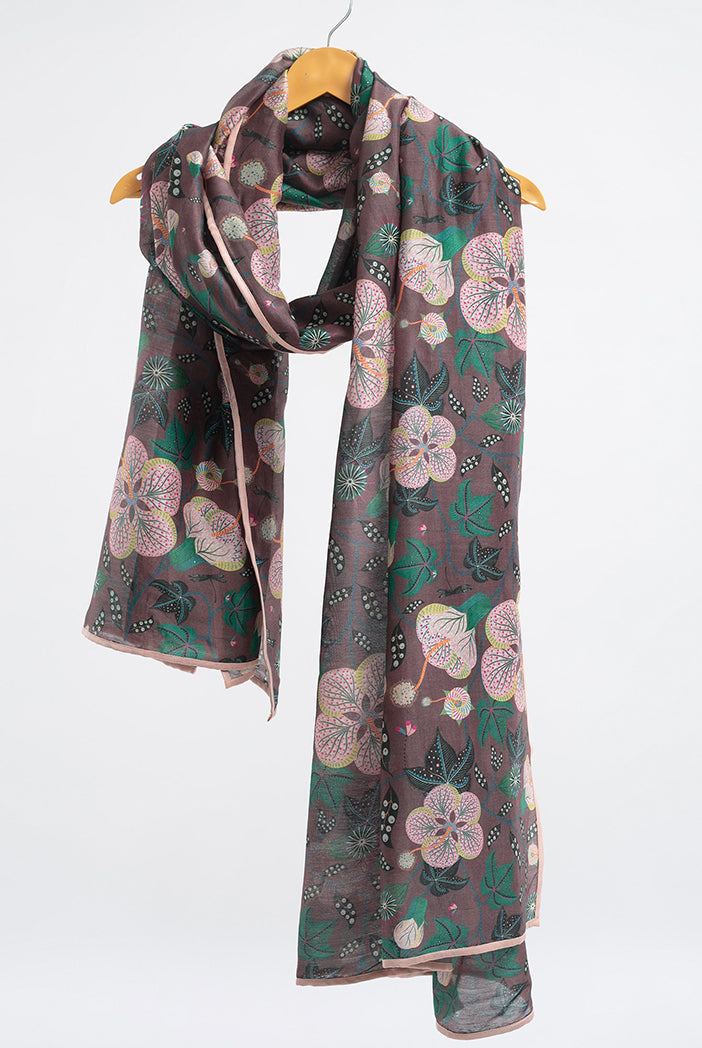 Brown Abutilon Print Silkmul Full Width Scarf