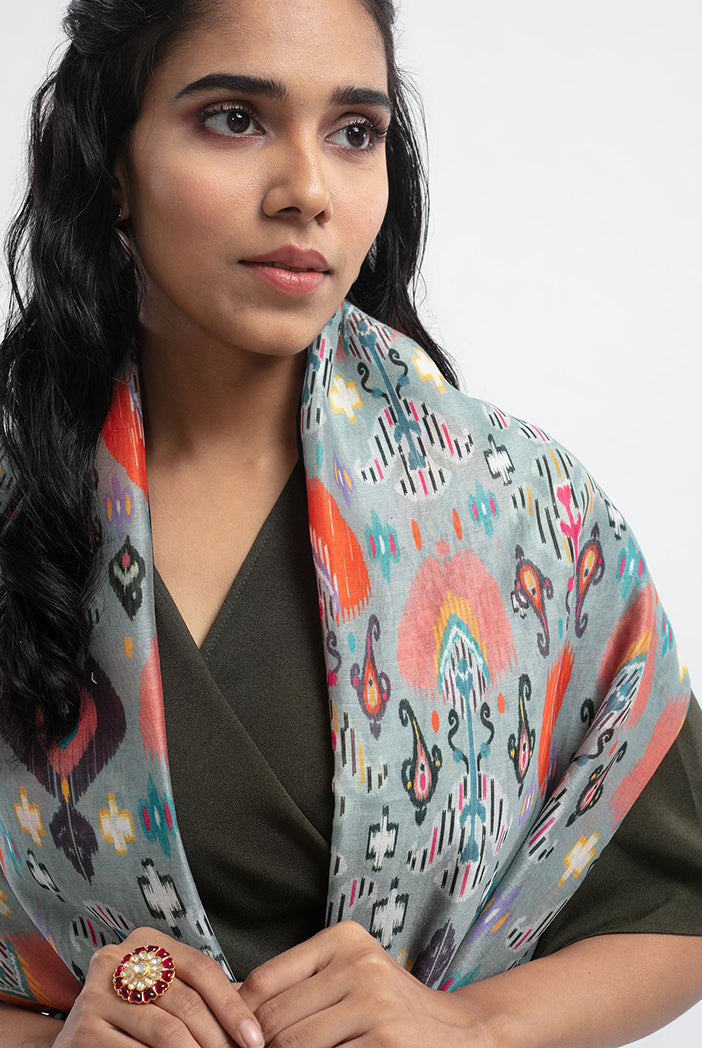 Blue Ikat Garden Print Silkmul Full Width Scarf