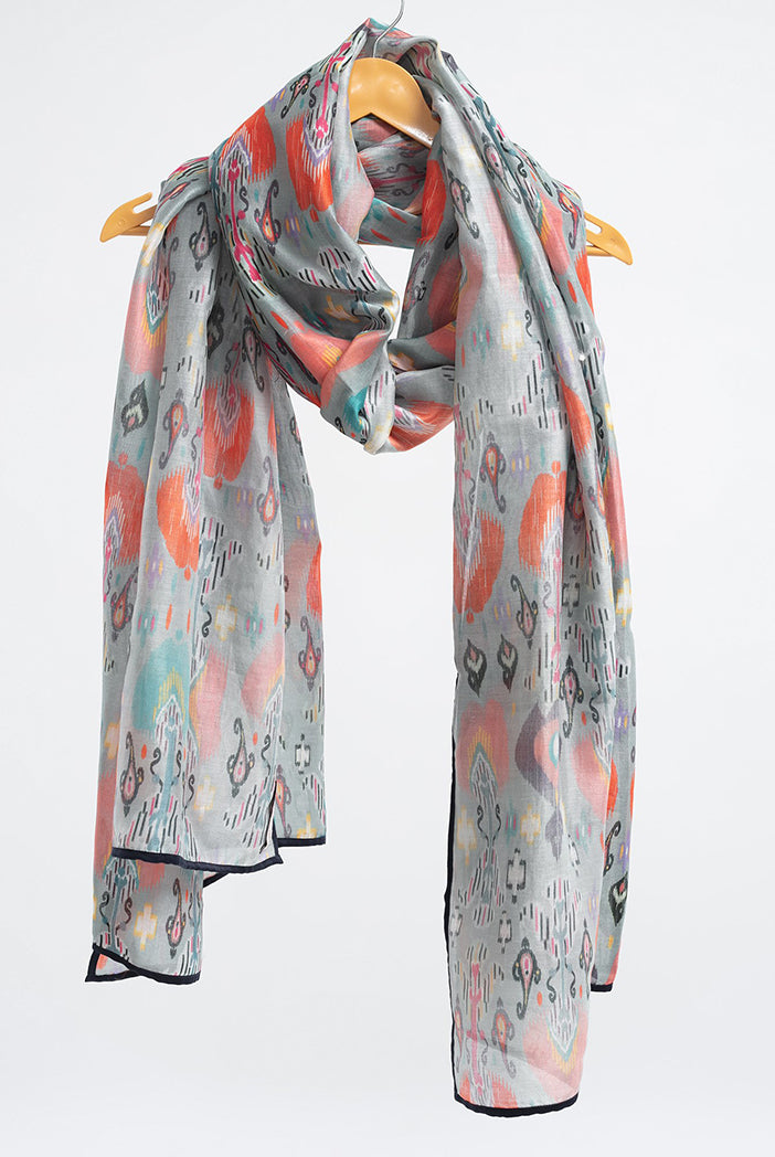 Blue Ikat Garden Print Silkmul Full Width Scarf