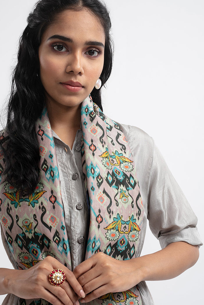 Pink Ikat Love Print Silkmul Full Width Scarf