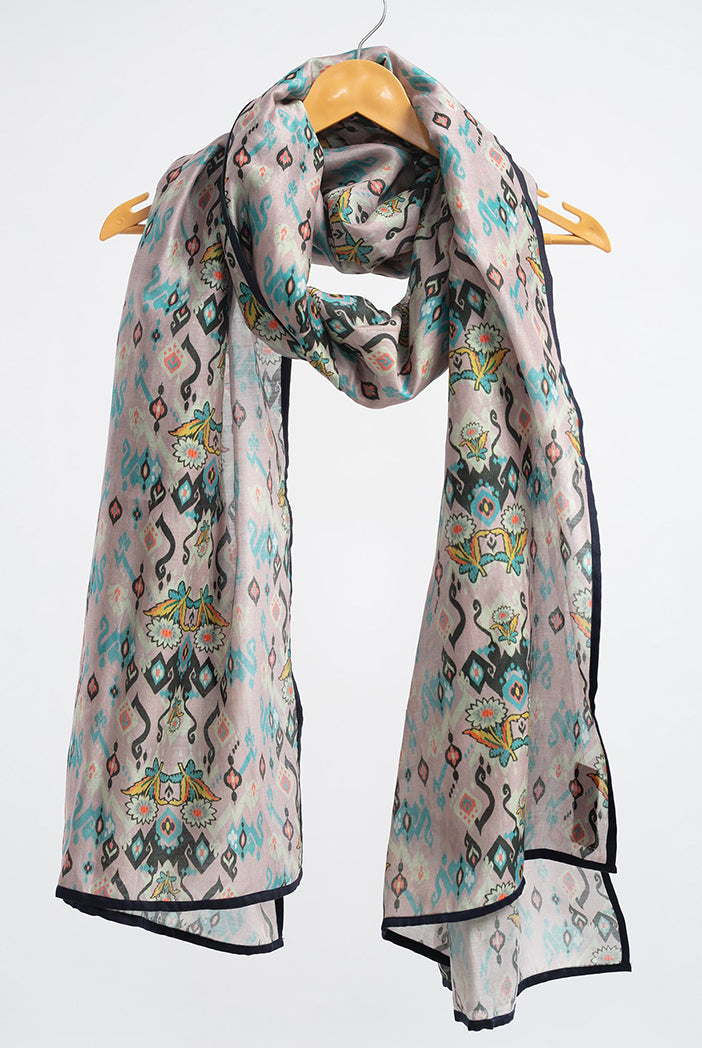 Pink Ikat Love Print Silkmul Full Width Scarf