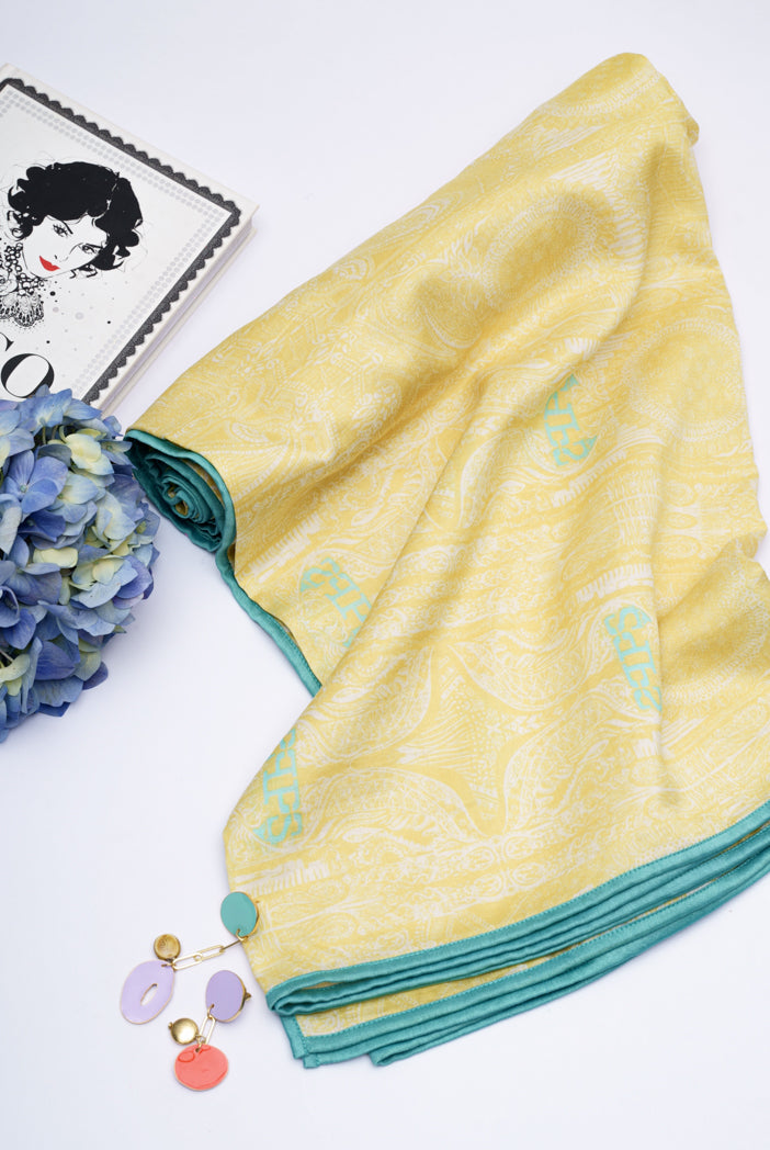 Yellow Colour PS Print Silkmul Full Width Scarf With Piping