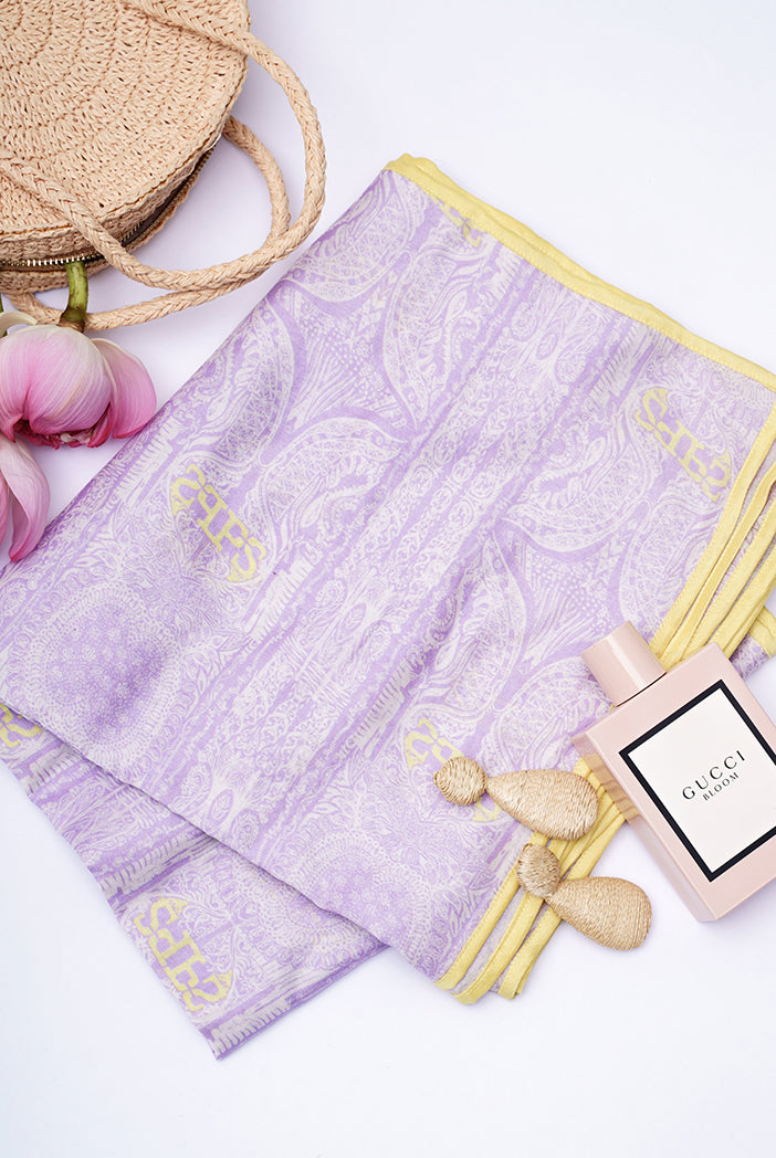 Lilac Colour PS Print Silkmul Full Width Scarf With Piping