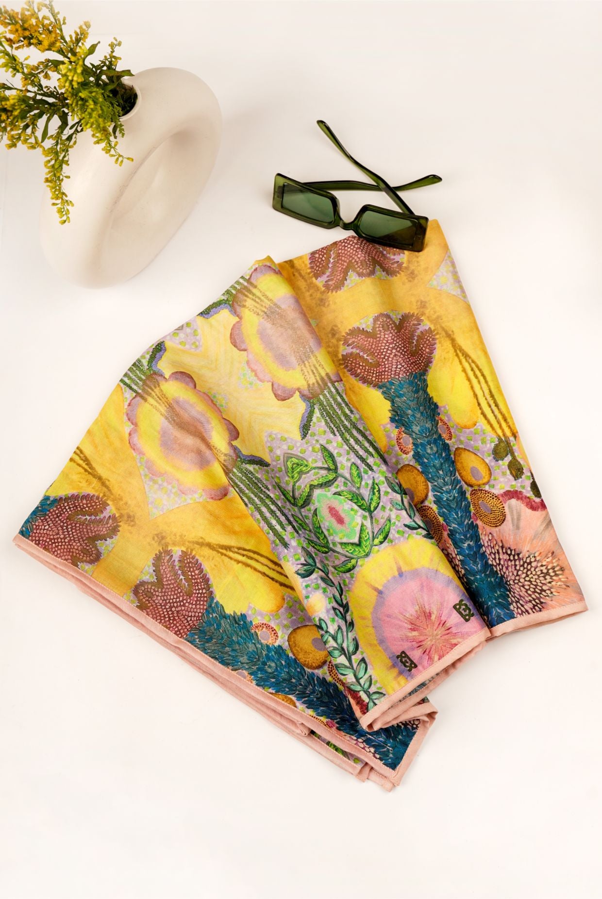 Yellow Enchanted Print Silkmul Scarf With Piping