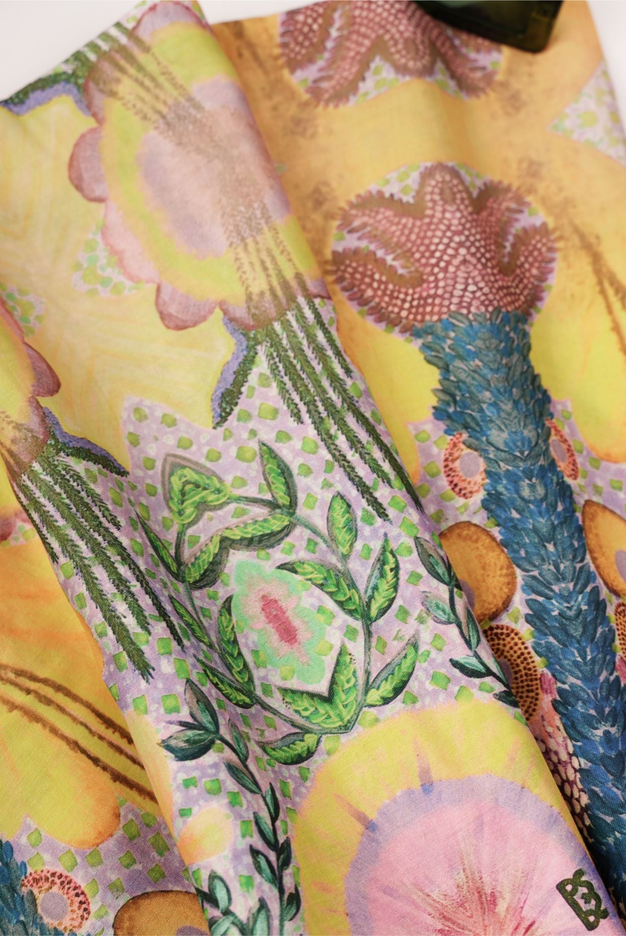Yellow Enchanted Print Silkmul Scarf With Piping