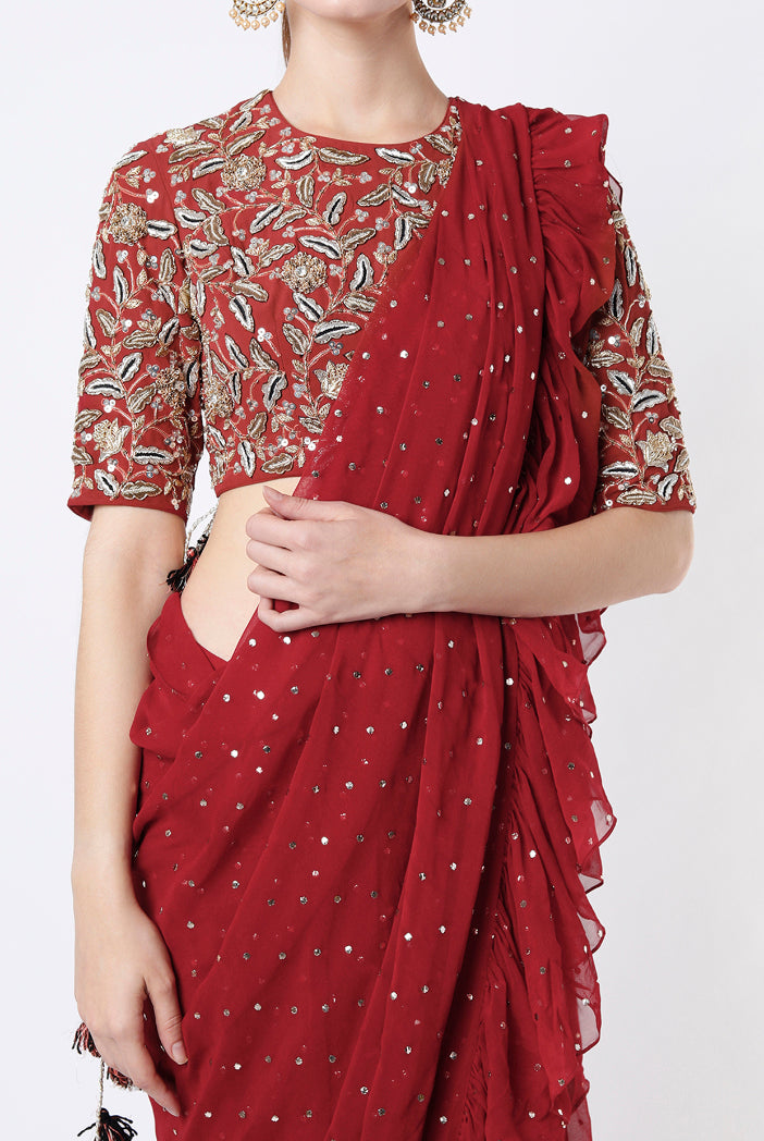 Maroon Embroidered Georgette Choli With Maroon Mukaish Pre Stitched Saree