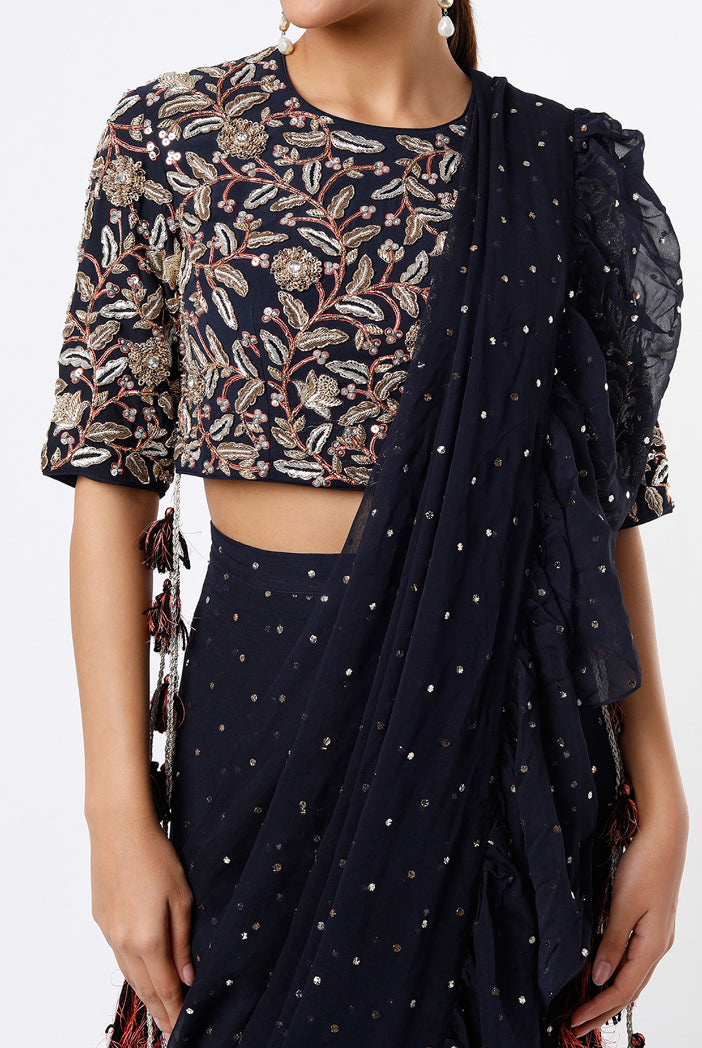 Navy Embroidered Georgette Choli With Black Mukaish Pre Stitched Saree