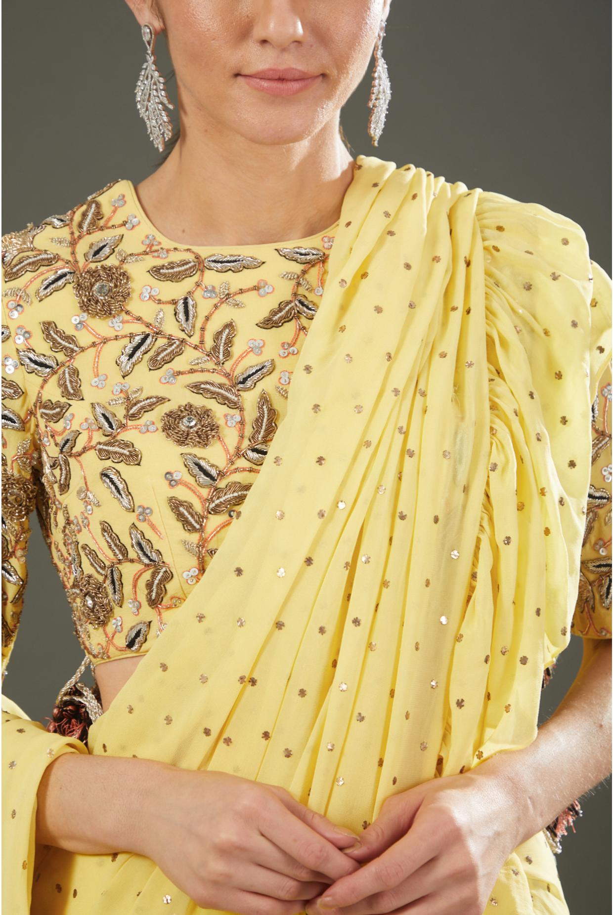 Yellow Embroidered Choli With Yellow Pre Stitched Saree
