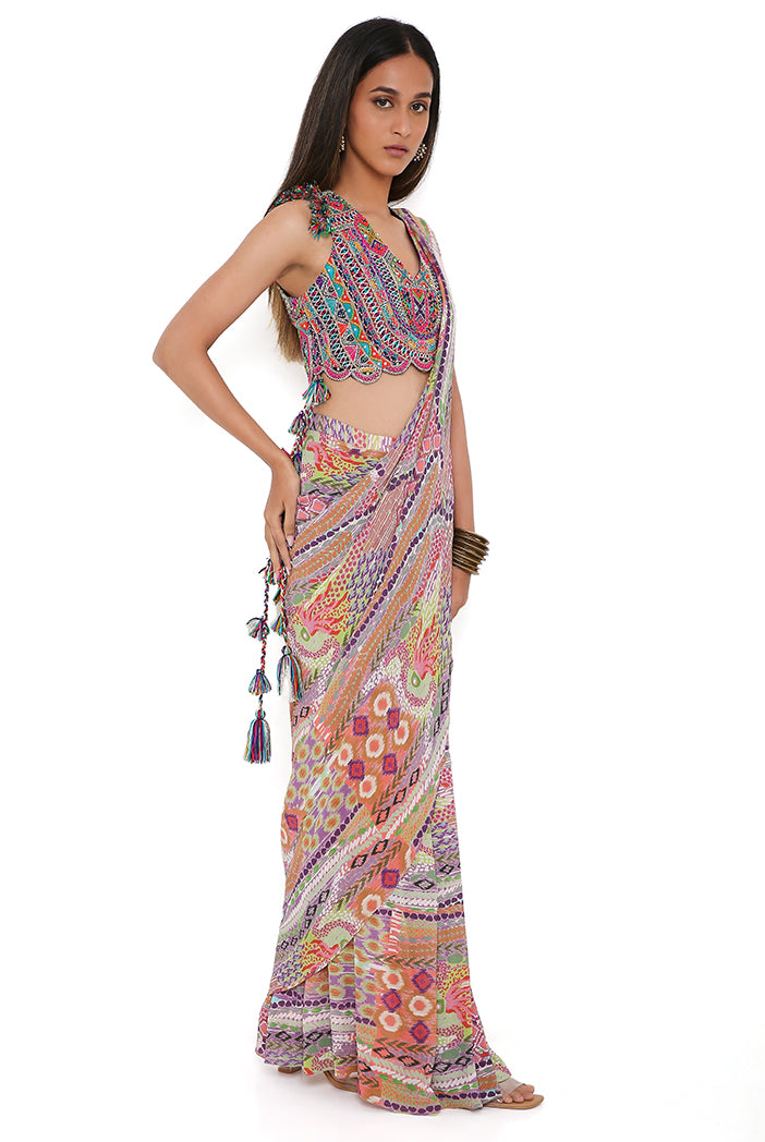 Purple Georgette Embroidered Choli With African Print Georgette Pre-Stitched Saree