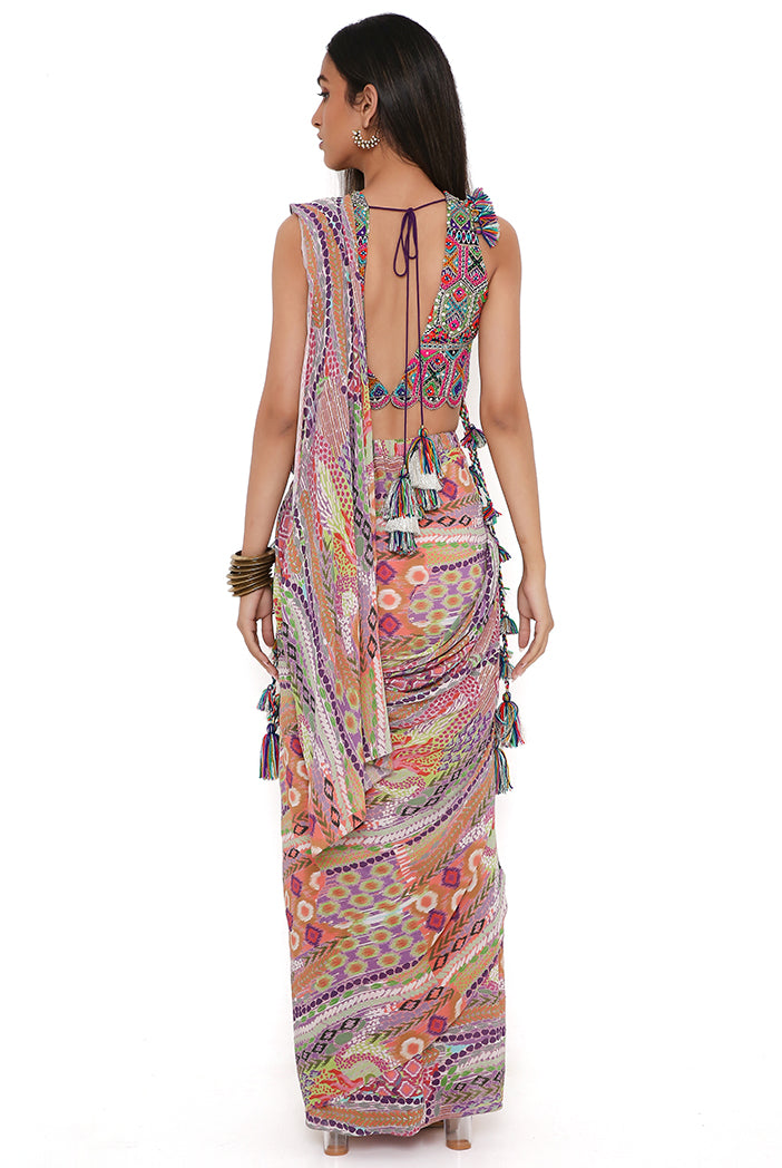 Purple Georgette Embroidered Choli With African Print Georgette Pre-Stitched Saree