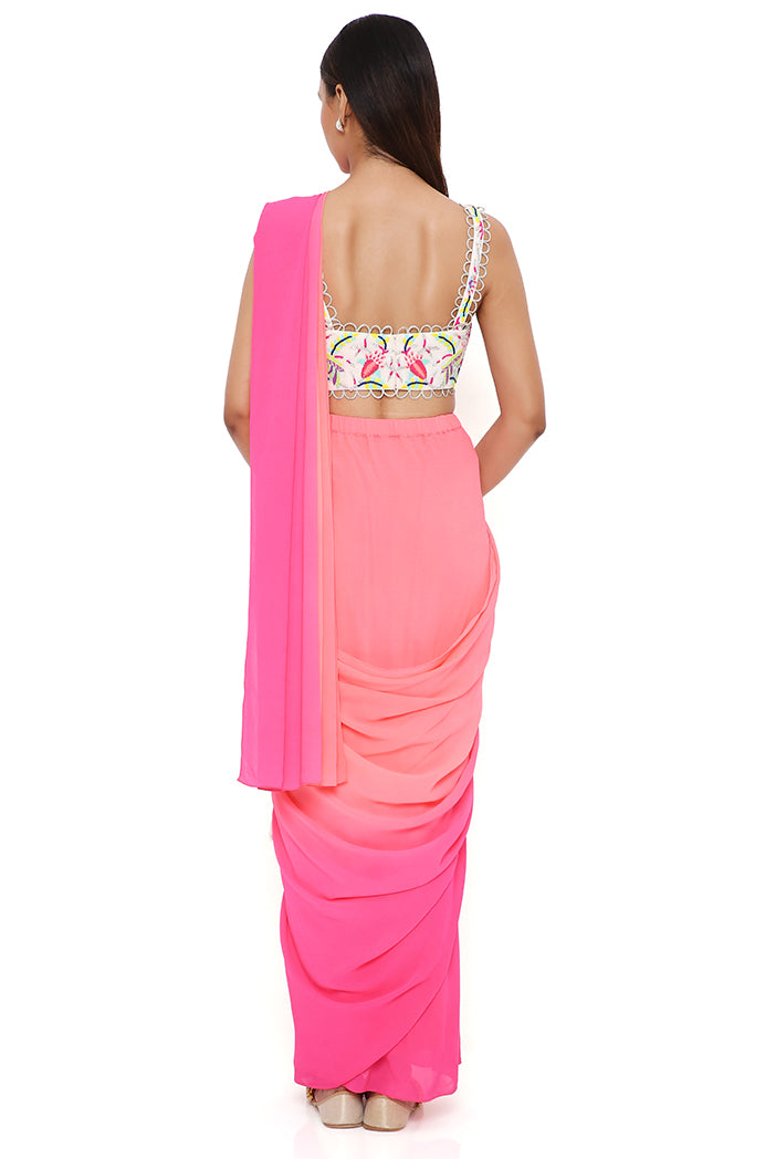 Stone Georgette Embroidered Bustier With Coral And Pink Shaded  Georgette Pre-Stiched Saree